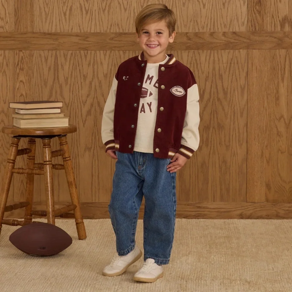 Rylee + Cru Toddler Boys Varsity Football Jacket 12-18 m Burgundy Corduroy NWOT